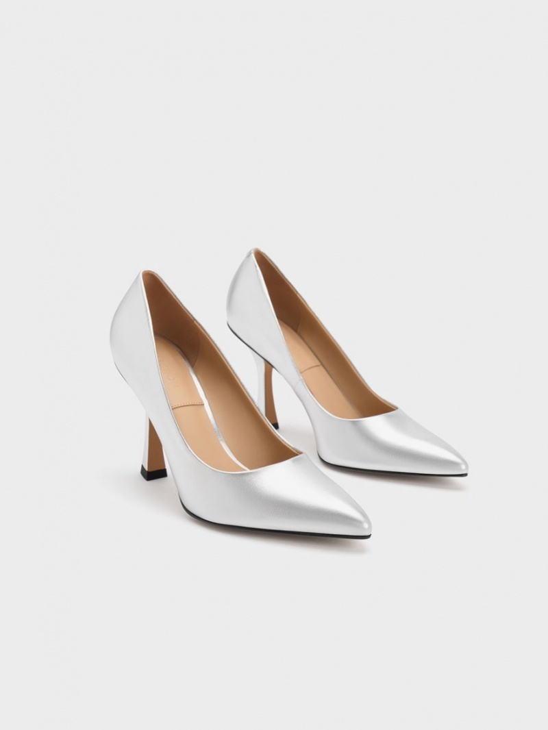 Γοβεσ Charles And Keith Metallic δερματινα Flare Heel ασημι | 34698-SFZH
