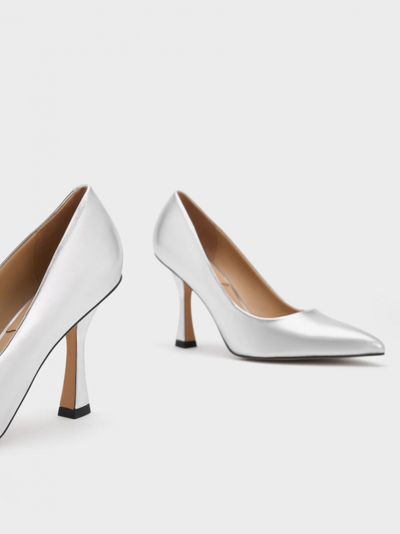 Γοβεσ Charles And Keith Metallic δερματινα Flare Heel ασημι | 34698-SFZH