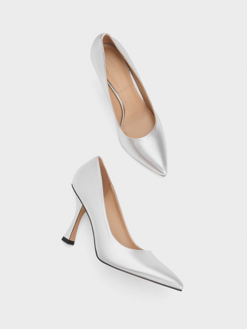 Γοβεσ Charles And Keith Metallic δερματινα Flare Heel ασημι | 34698-SFZH