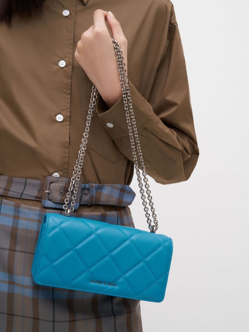 πορτοφολια Charles And Keith Paffuto Chain Handle Καπιτονέ Long μπλε | 34167-VTNO