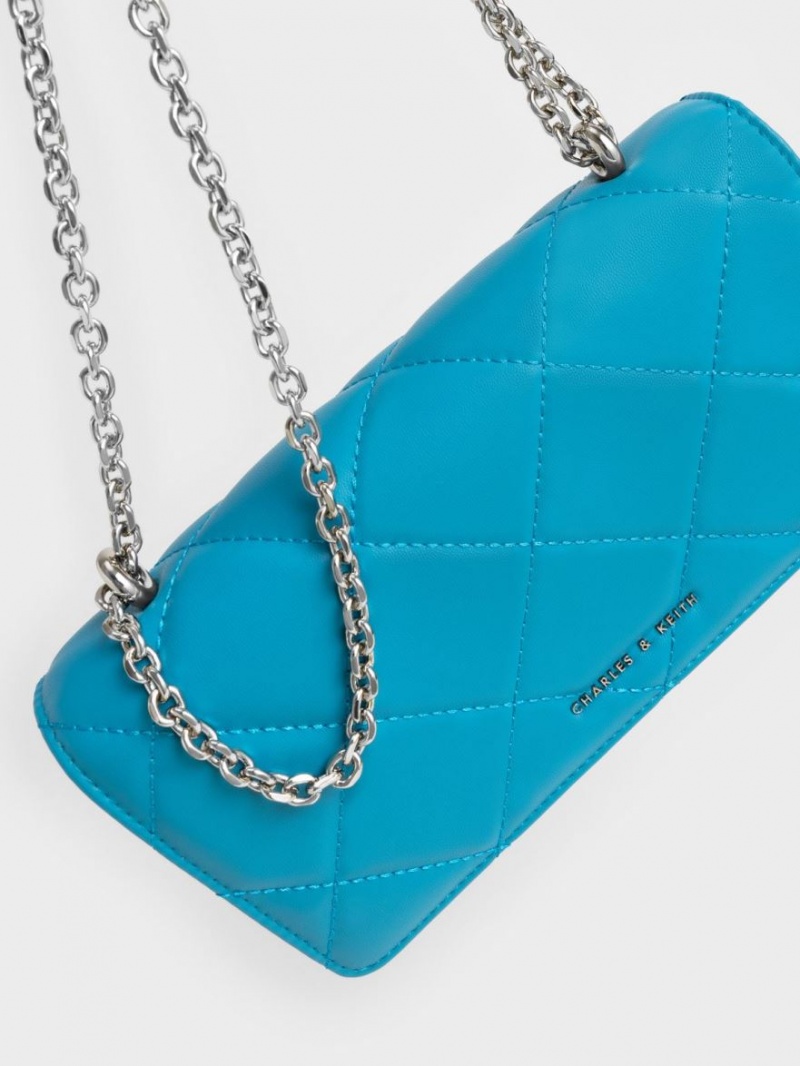 πορτοφολια Charles And Keith Paffuto Chain Handle Καπιτονέ Long μπλε | 34167-VTNO