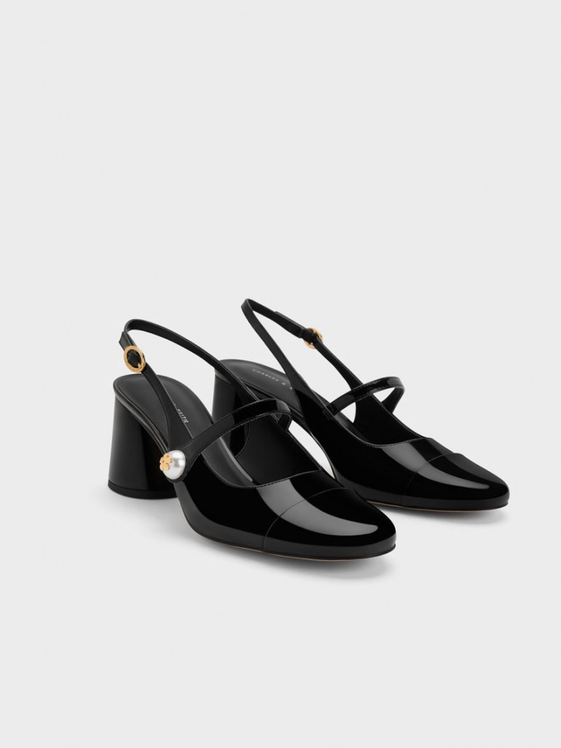 Γοβεσ Charles And Keith Pearl Embellished λουστρινι Slingback μαυρα | 03981-KYCN