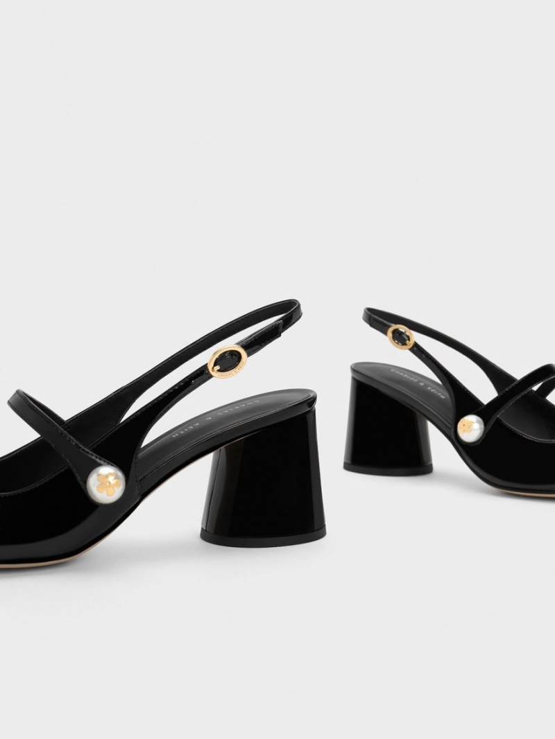 Γοβεσ Charles And Keith Pearl Embellished λουστρινι Slingback μαυρα | 03981-KYCN