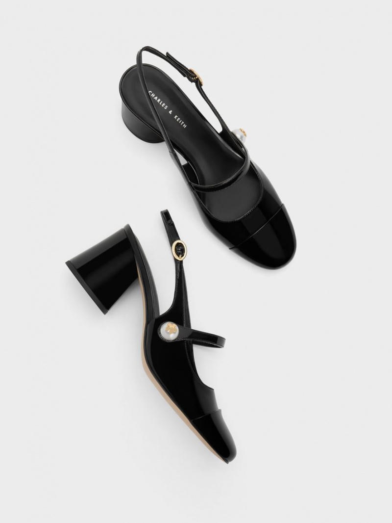 Γοβεσ Charles And Keith Pearl Embellished λουστρινι Slingback μαυρα | 03981-KYCN