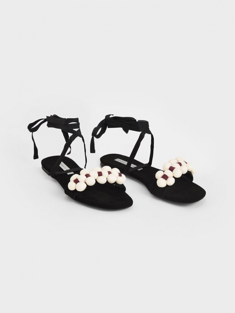 Σανδαλια Charles And Keith Pom Pom Tie-Around μαυρα | 78320-XYDT