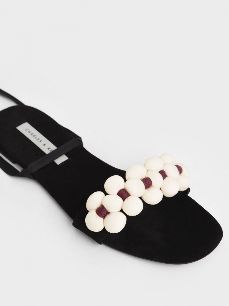 Σανδαλια Charles And Keith Pom Pom Tie-Around μαυρα | 78320-XYDT