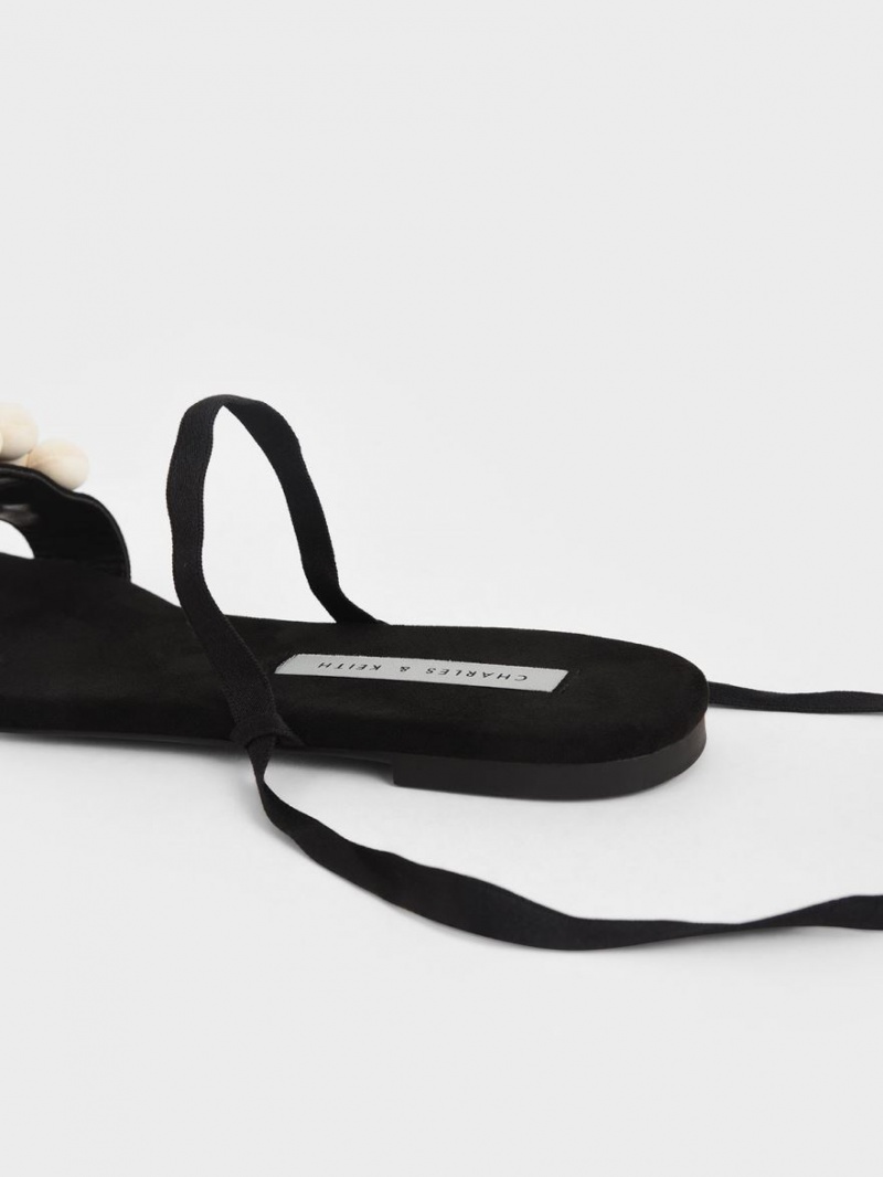 Σανδαλια Charles And Keith Pom Pom Tie-Around μαυρα | 78320-XYDT
