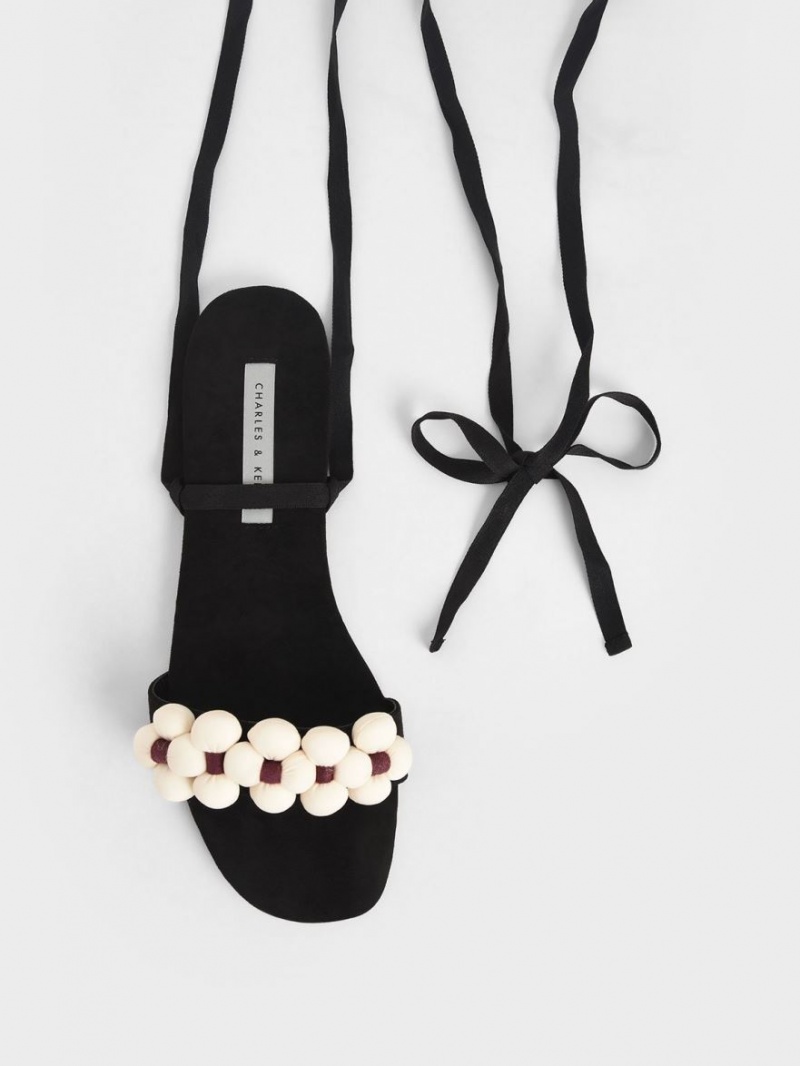 Σανδαλια Charles And Keith Pom Pom Tie-Around μαυρα | 78320-XYDT