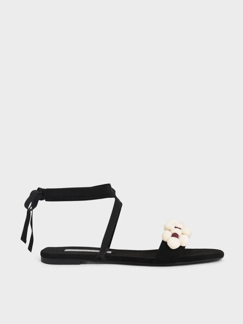 Σανδαλια Charles And Keith Pom Pom Tie-Around μαυρα | 78320-XYDT
