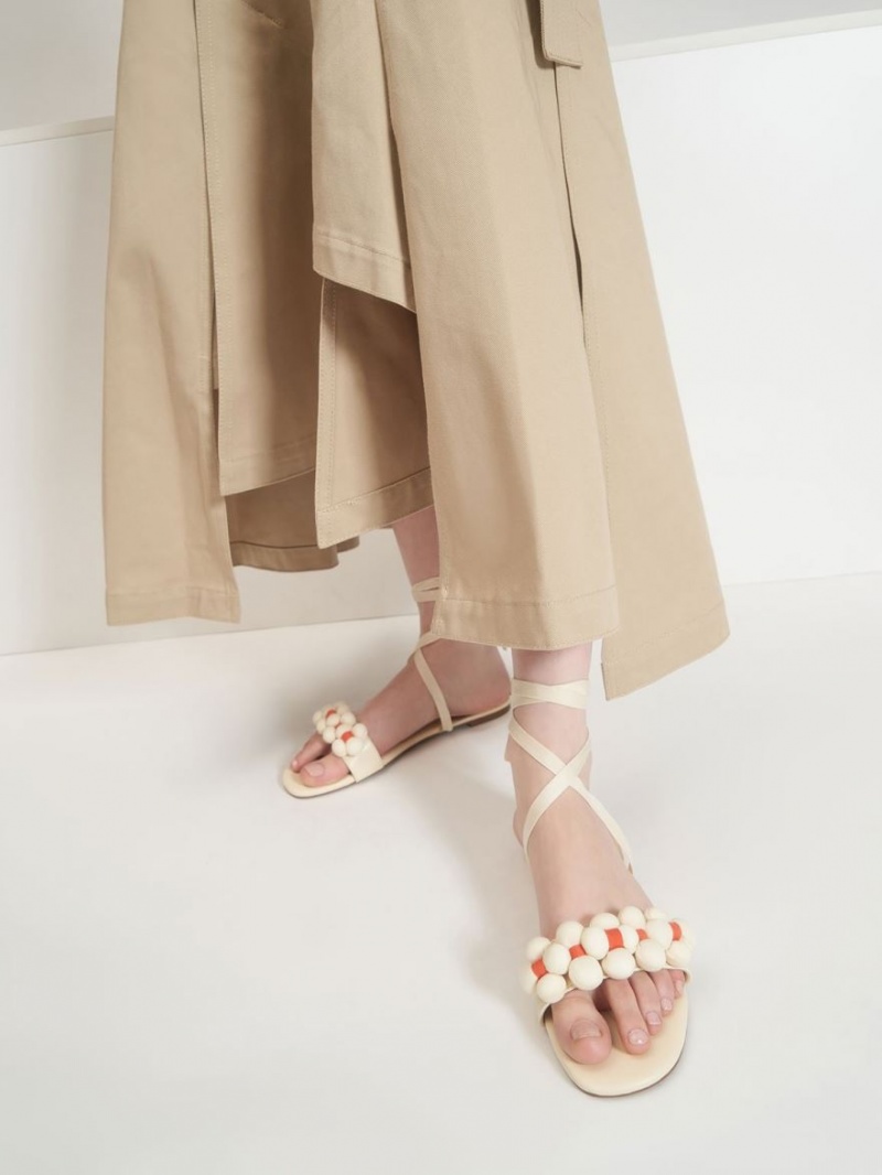 Σανδαλια Charles And Keith Pom Pom Tie-Around κρέμα | 89073-WOFC