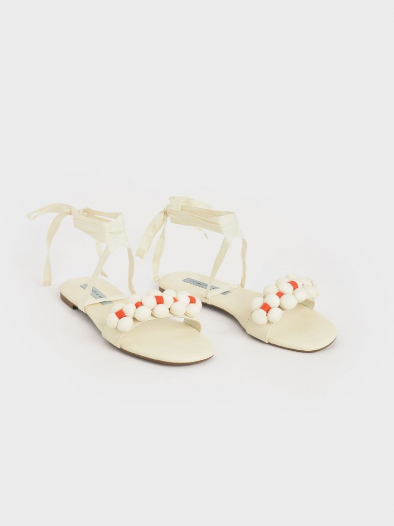 Σανδαλια Charles And Keith Pom Pom Tie-Around κρέμα | 89073-WOFC