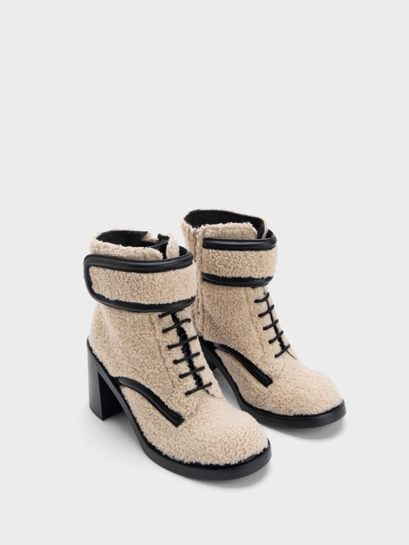 Μποτακια Charles And Keith Rosalie Furry δερματινα Μπεζ | 27350-OXRY
