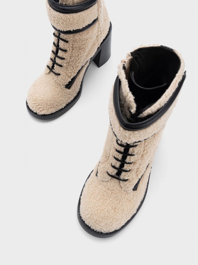 Μποτακια Charles And Keith Rosalie Furry δερματινα Μπεζ | 27350-OXRY