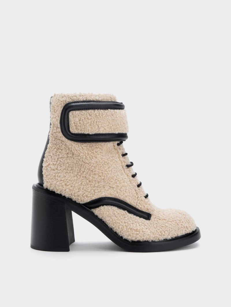 Μποτακια Charles And Keith Rosalie Furry δερματινα Μπεζ | 27350-OXRY