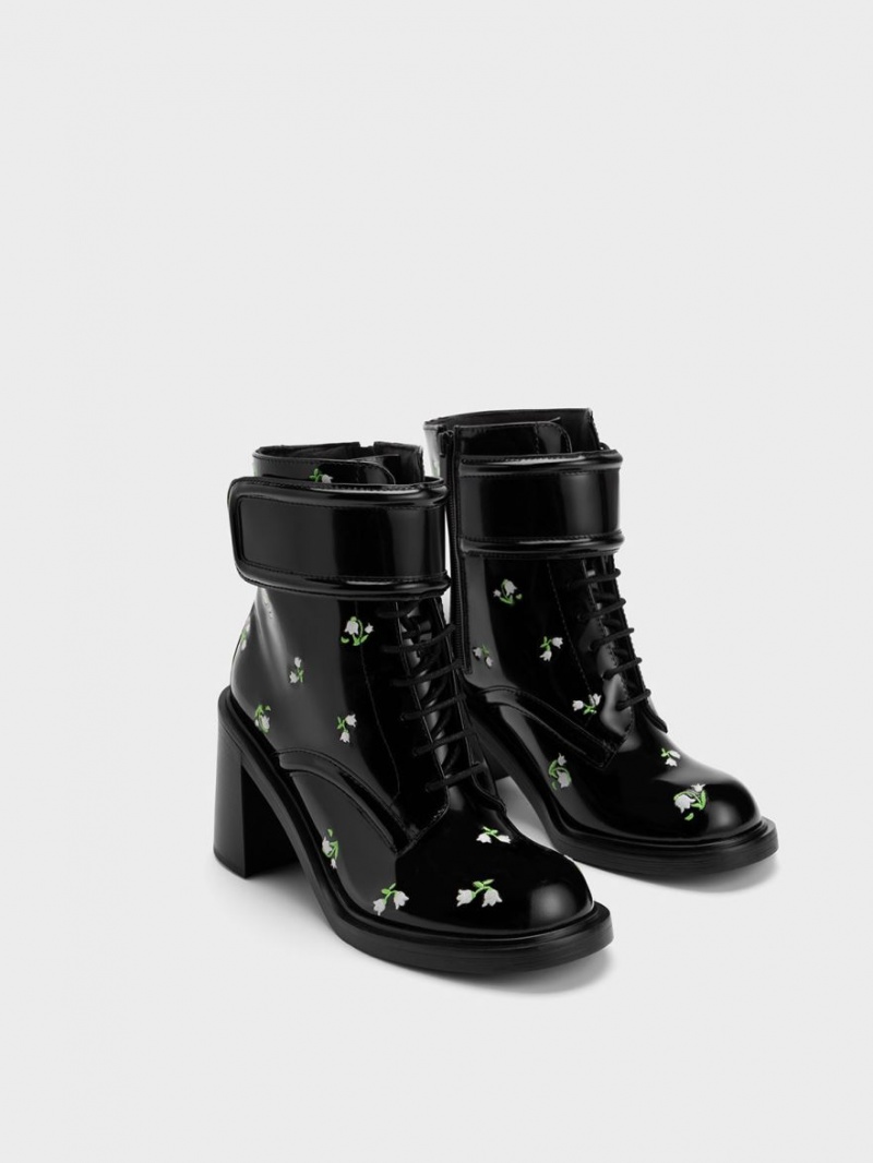 Μποτακια Charles And Keith Rosalie δερματινα Floral μαυρα | 85316-ZWKX