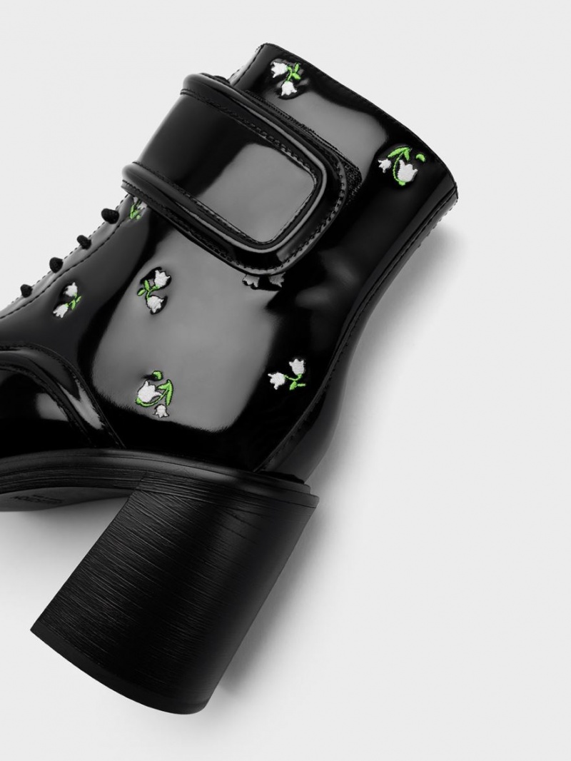 Μποτακια Charles And Keith Rosalie δερματινα Floral μαυρα | 85316-ZWKX