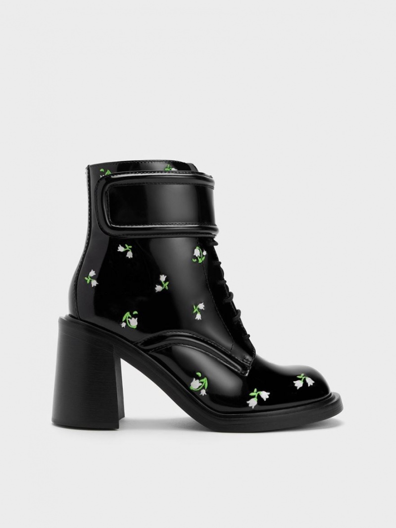 Μποτακια Charles And Keith Rosalie δερματινα Floral μαυρα | 85316-ZWKX