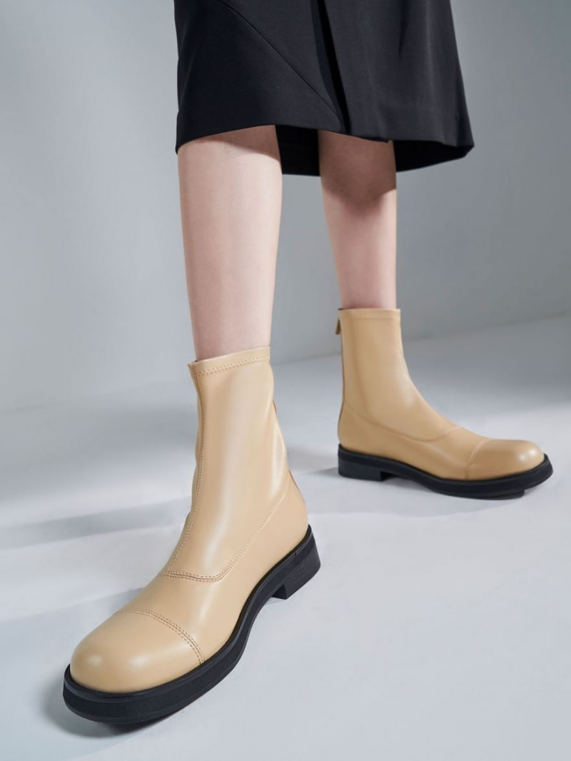 Μποτακια Charles And Keith Round toe Zip-Up Μπεζ | 72681-TLPX