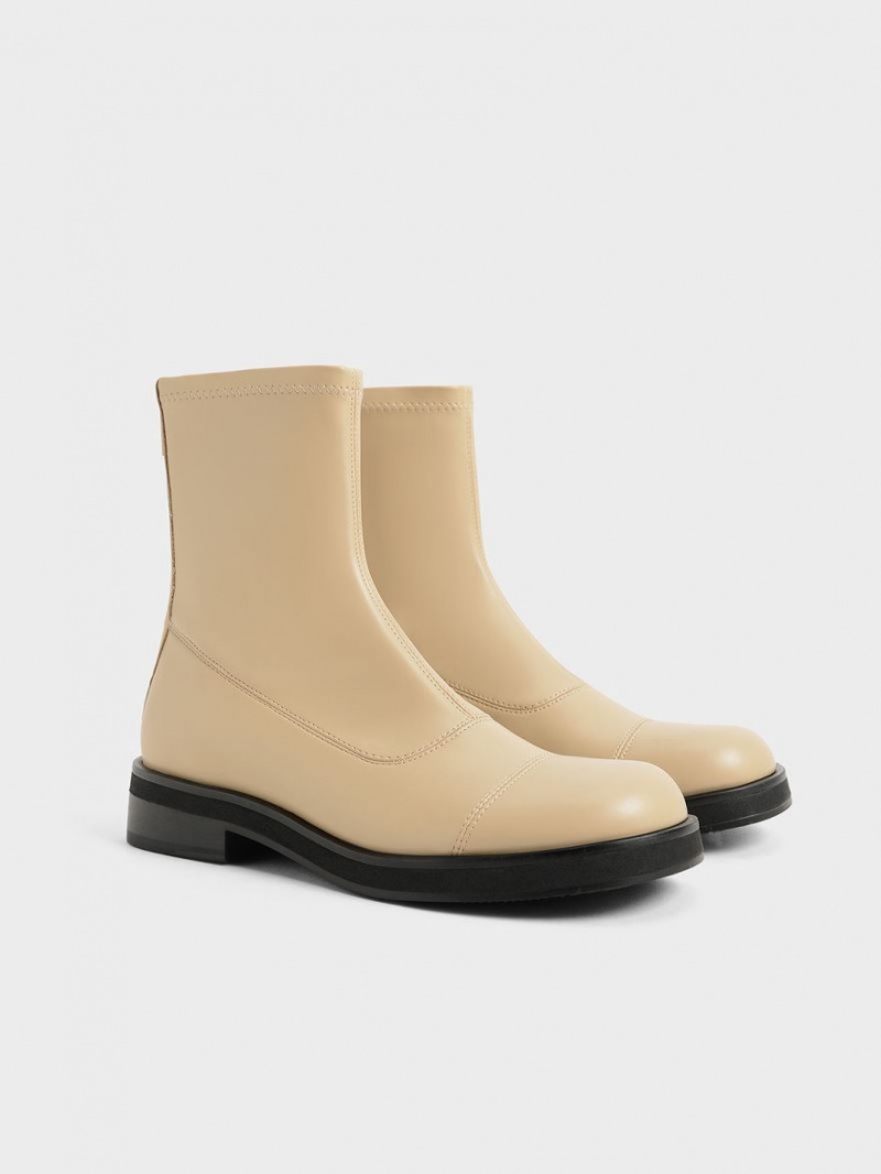 Μποτακια Charles And Keith Round toe Zip-Up Μπεζ | 72681-TLPX