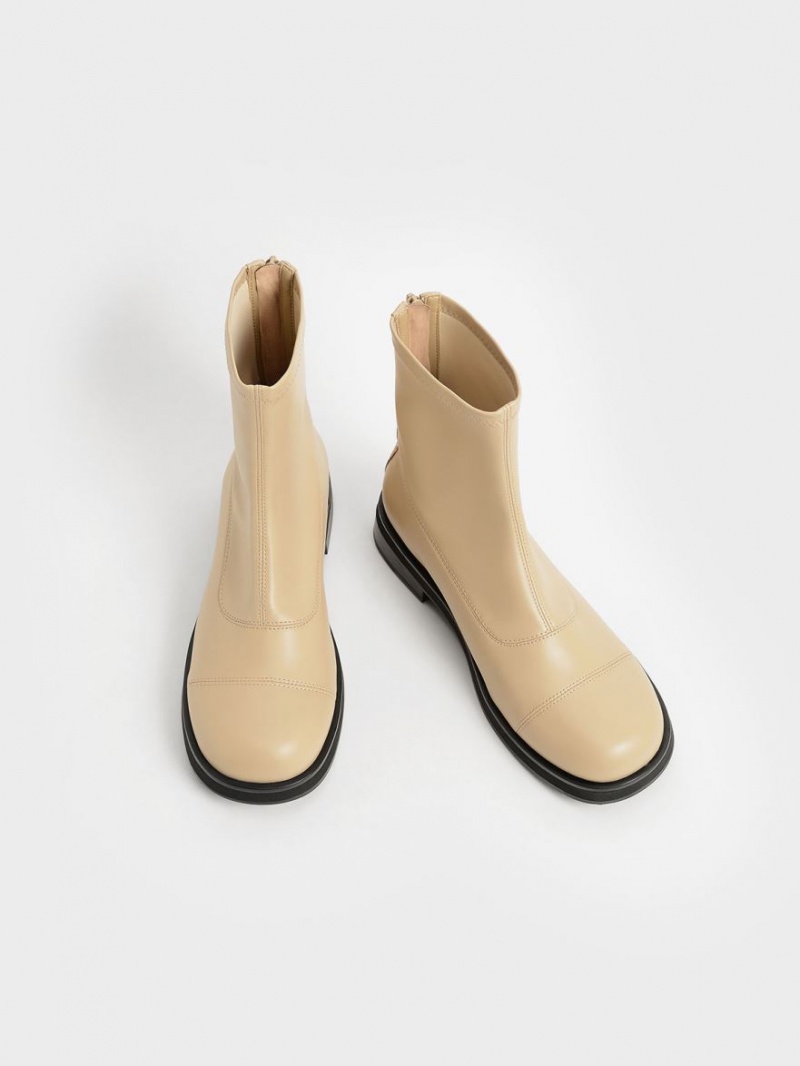 Μποτακια Charles And Keith Round toe Zip-Up Μπεζ | 72681-TLPX