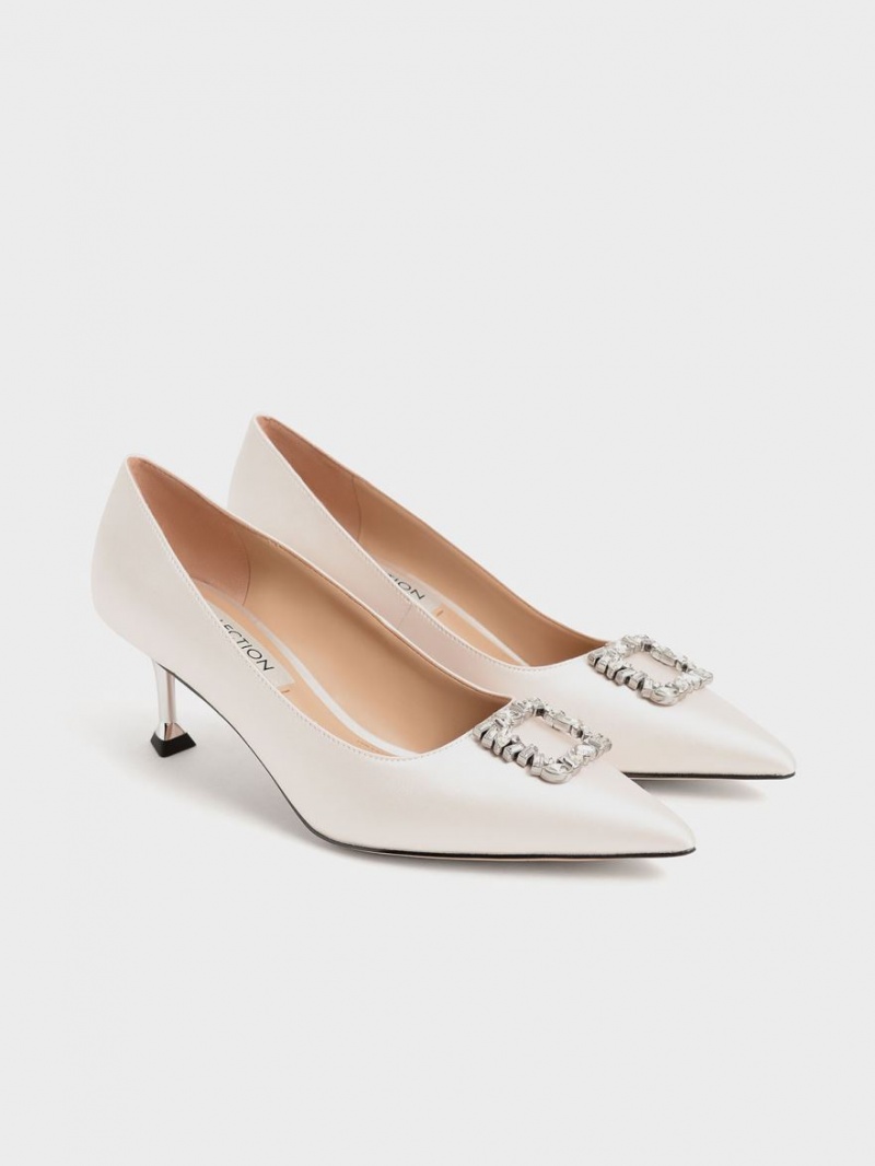 Γοβεσ Charles And Keith Satin Gem-Embellished Kitten Heel κρέμα | 36491-SAFL