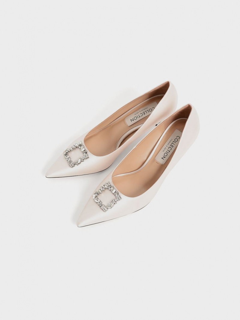 Γοβεσ Charles And Keith Satin Gem-Embellished Kitten Heel κρέμα | 36491-SAFL