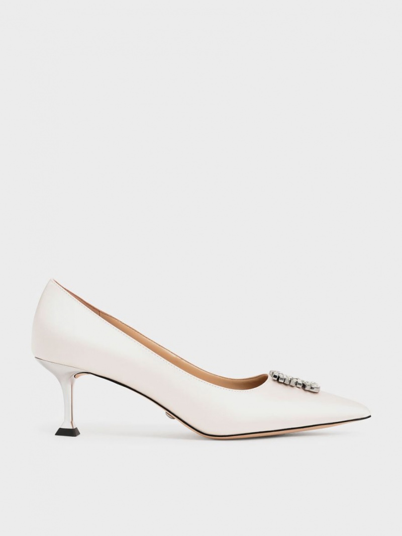 Γοβεσ Charles And Keith Satin Gem-Embellished Kitten Heel κρέμα | 36491-SAFL