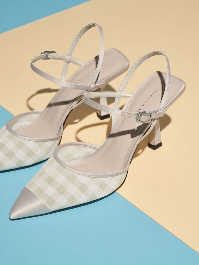 Γοβεσ Charles And Keith Satin & Check-Print Fabric Ankle-λουρακια ανοιχτο πρασινο | 97321-LVEB