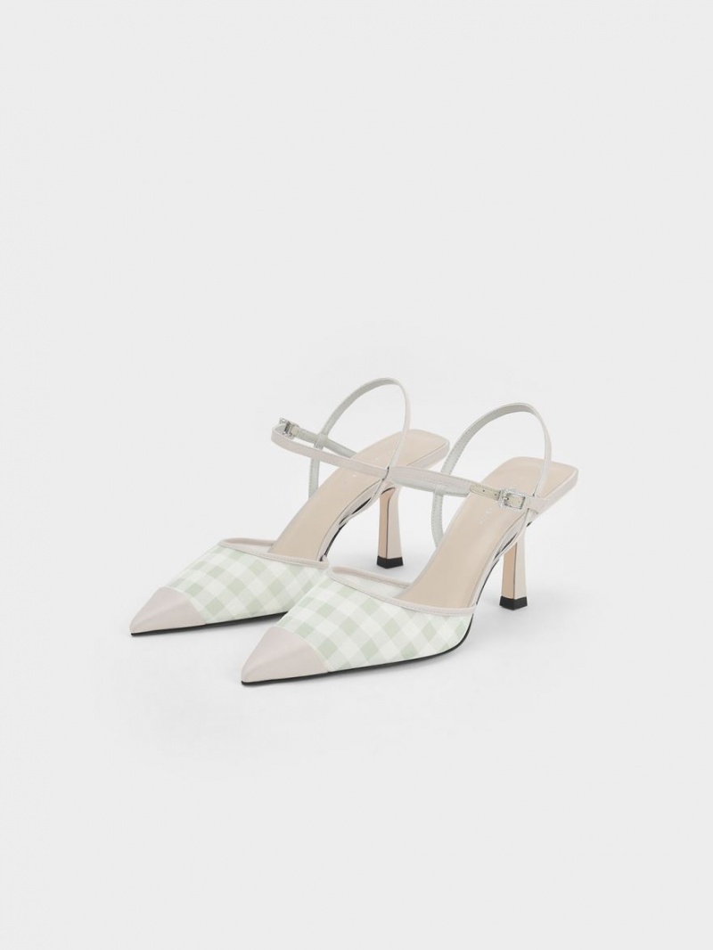 Γοβεσ Charles And Keith Satin & Check-Print Fabric Ankle-λουρακια ανοιχτο πρασινο | 97321-LVEB