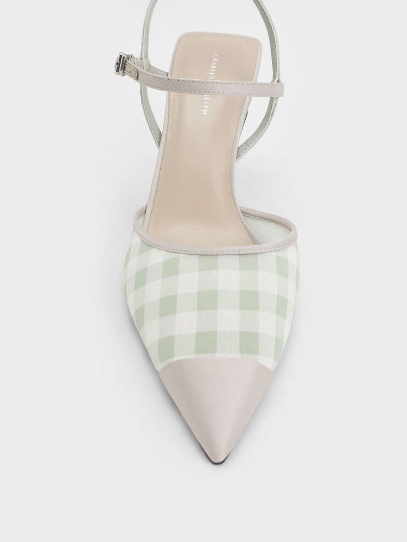 Γοβεσ Charles And Keith Satin & Check-Print Fabric Ankle-λουρακια ανοιχτο πρασινο | 97321-LVEB
