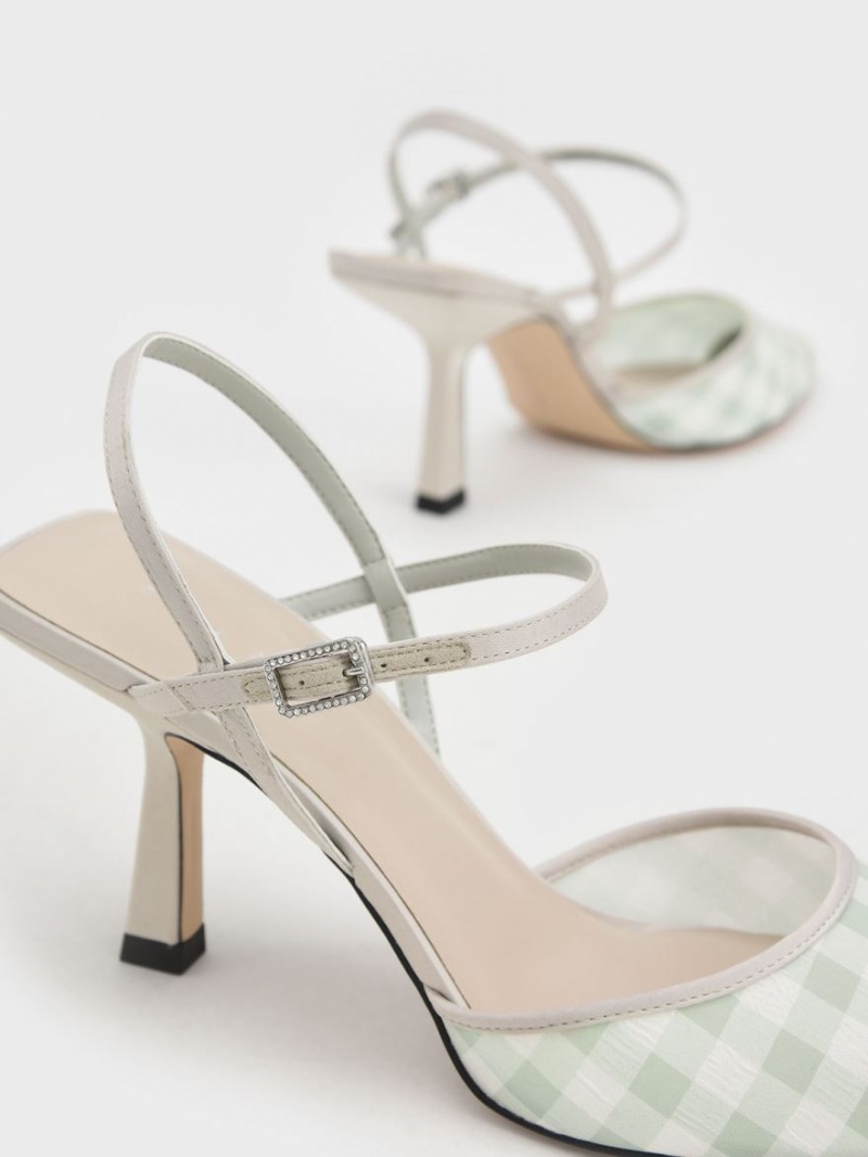 Γοβεσ Charles And Keith Satin & Check-Print Fabric Ankle-λουρακια ανοιχτο πρασινο | 97321-LVEB
