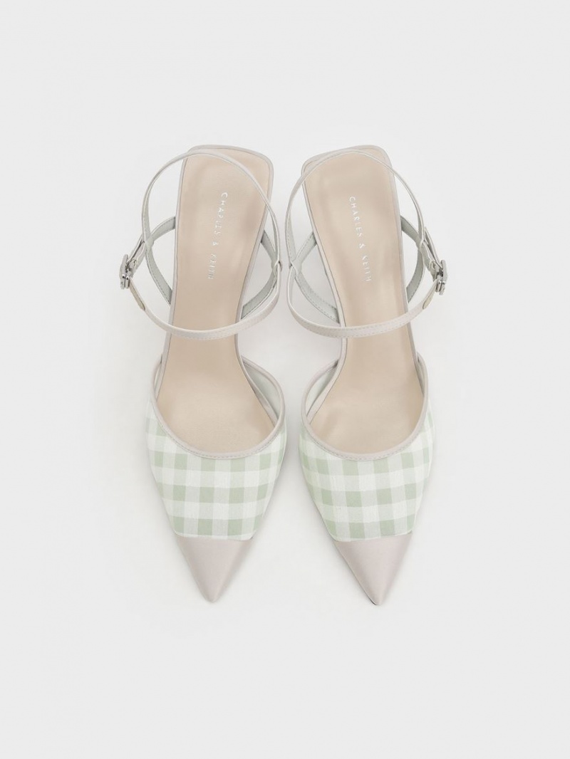 Γοβεσ Charles And Keith Satin & Check-Print Fabric Ankle-λουρακια ανοιχτο πρασινο | 97321-LVEB