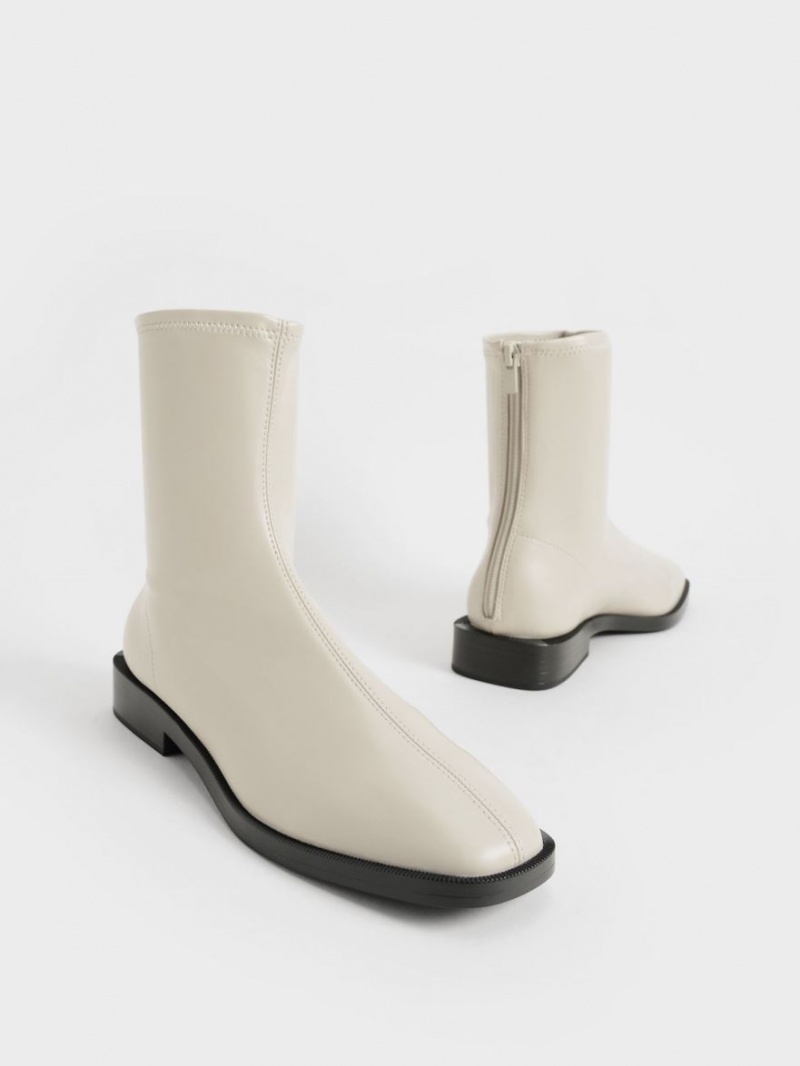 Μποτακια Charles And Keith Square toe Zip-Up ασπρα | 86940-YQCT