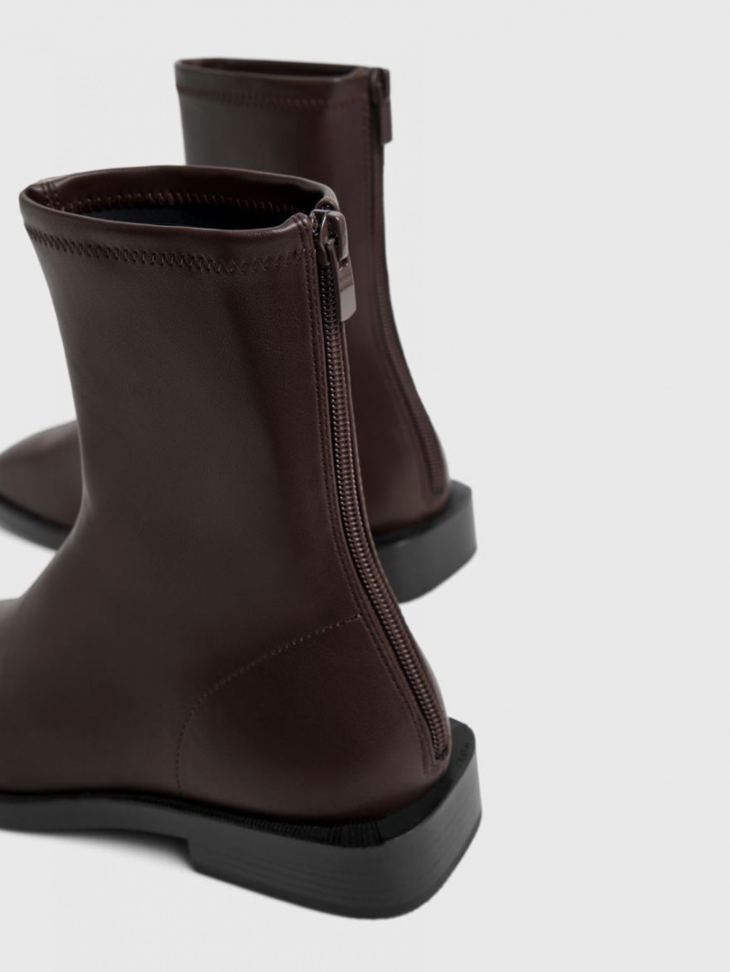 Μποτακια Charles And Keith Square toe Zip-Up σκούρο καφε | 54130-CLUO