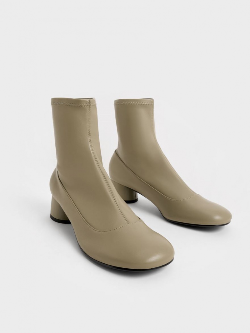 Μποτακια Charles And Keith Stitch-Trim Cylindrical Heel Ελιά | 15230-ASKB