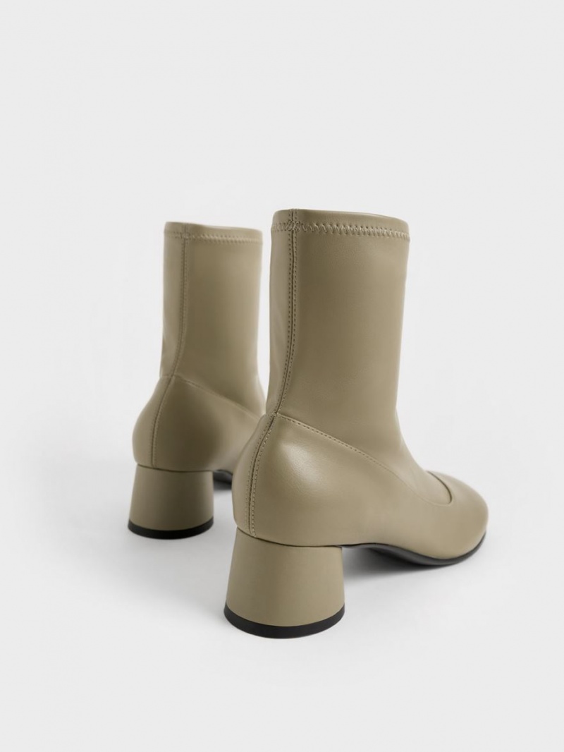 Μποτακια Charles And Keith Stitch-Trim Cylindrical Heel Ελιά | 15230-ASKB