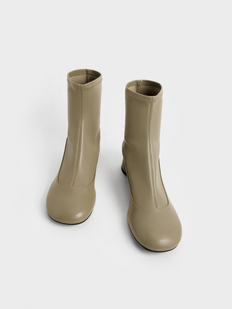 Μποτακια Charles And Keith Stitch-Trim Cylindrical Heel Ελιά | 15230-ASKB