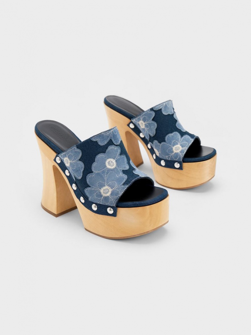 Σαμπο Charles And Keith Tabitha Floral Denim flatforms μπλε | 34289-QINF