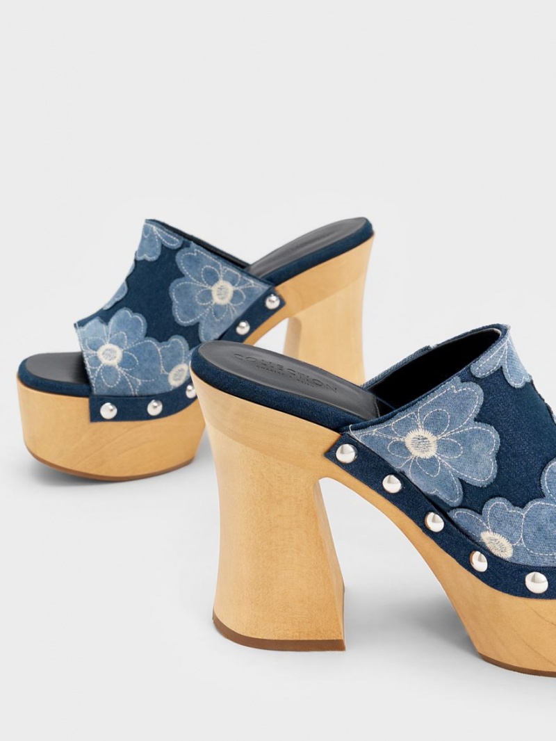Σαμπο Charles And Keith Tabitha Floral Denim flatforms μπλε | 34289-QINF