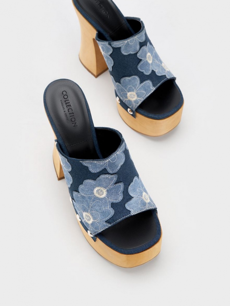 Σαμπο Charles And Keith Tabitha Floral Denim flatforms μπλε | 34289-QINF