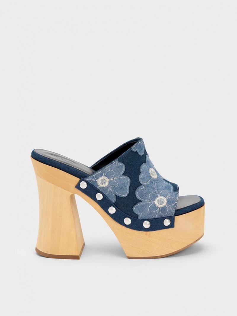 Σαμπο Charles And Keith Tabitha Floral Denim flatforms μπλε | 34289-QINF