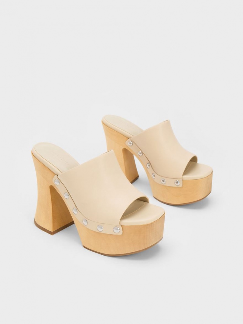 Σαμπο Charles And Keith Tabitha δερματινα flatforms Μπεζ | 67402-HXUN