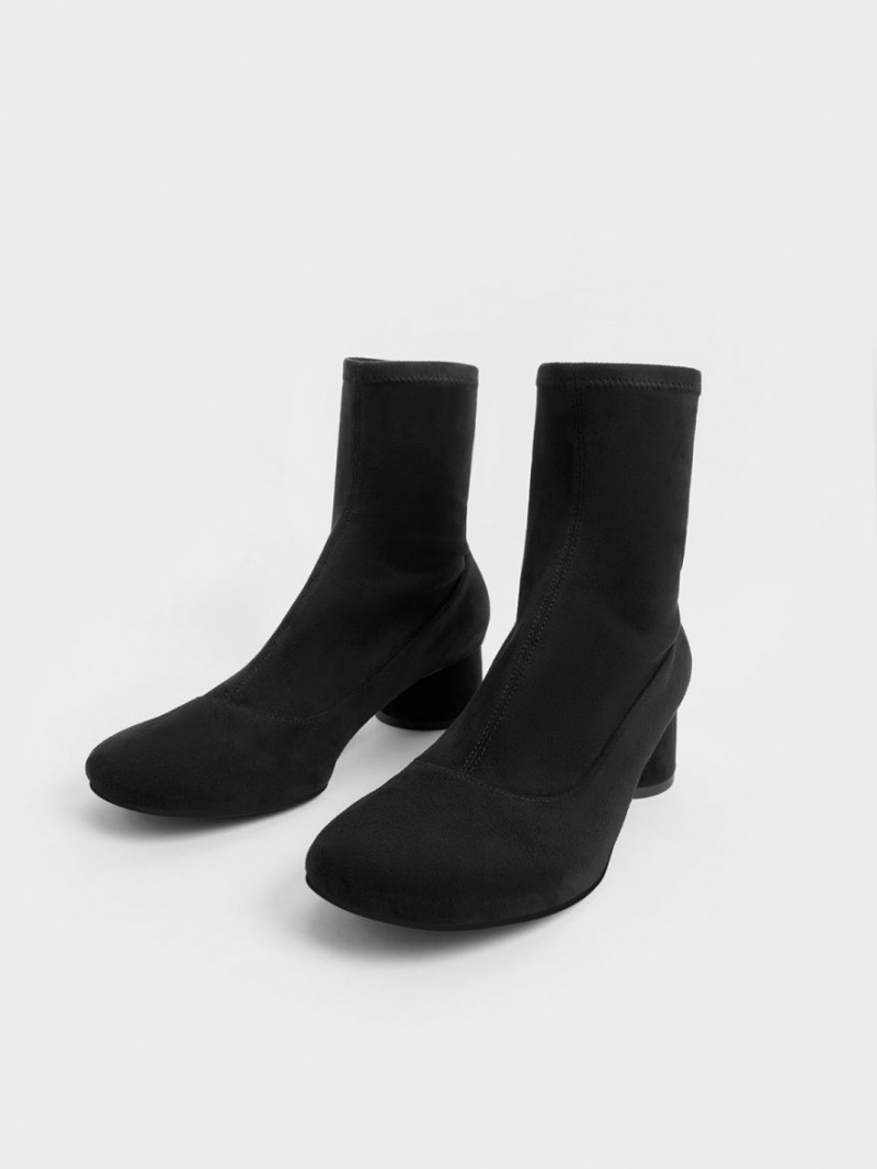 Μποτακια Charles And Keith Textured Stitch-Trim Cylindrical Heel μαυρα | 47093-UJIF
