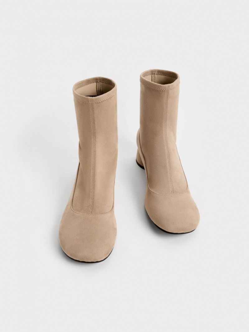 Μποτακια Charles And Keith Textured Stitch-Trim Cylindrical Heel Μπεζ | 53019-OEPN
