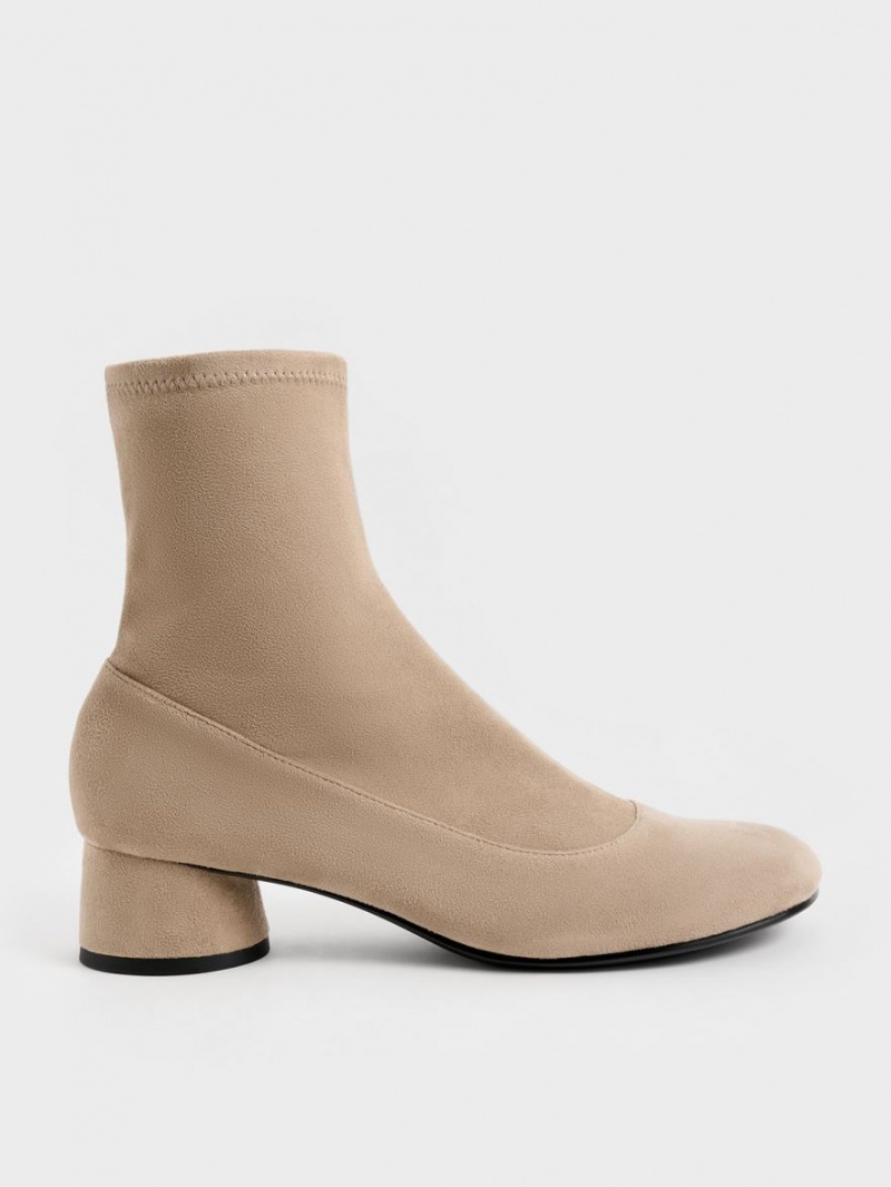 Μποτακια Charles And Keith Textured Stitch-Trim Cylindrical Heel Μπεζ | 53019-OEPN