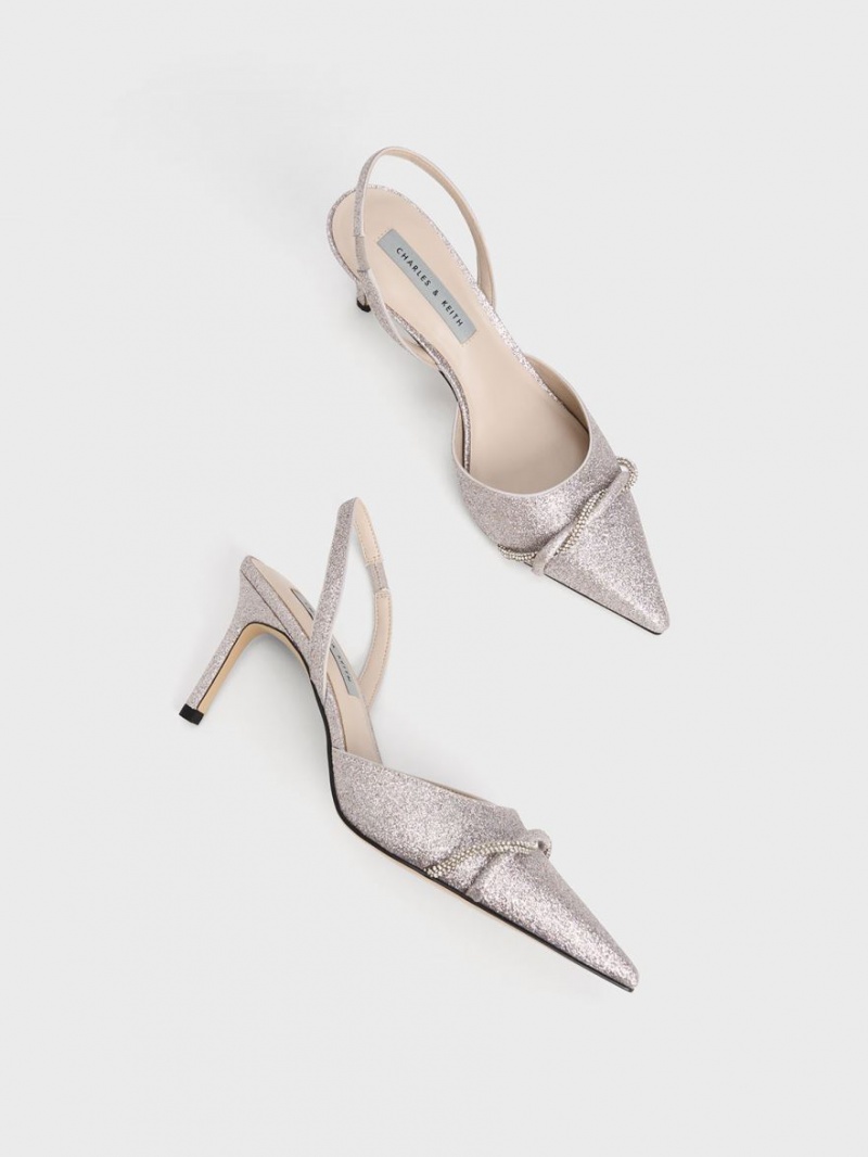 Γοβεσ Charles And Keith Twist Detail Glittered Slingback ασημι | 69308-GZMF