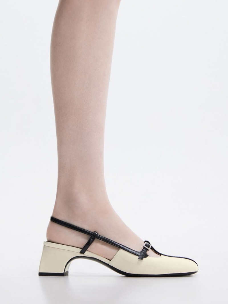 Γοβεσ Charles And Keith Two-Tone T-Bar Slingback κρέμα | 86540-PDVW