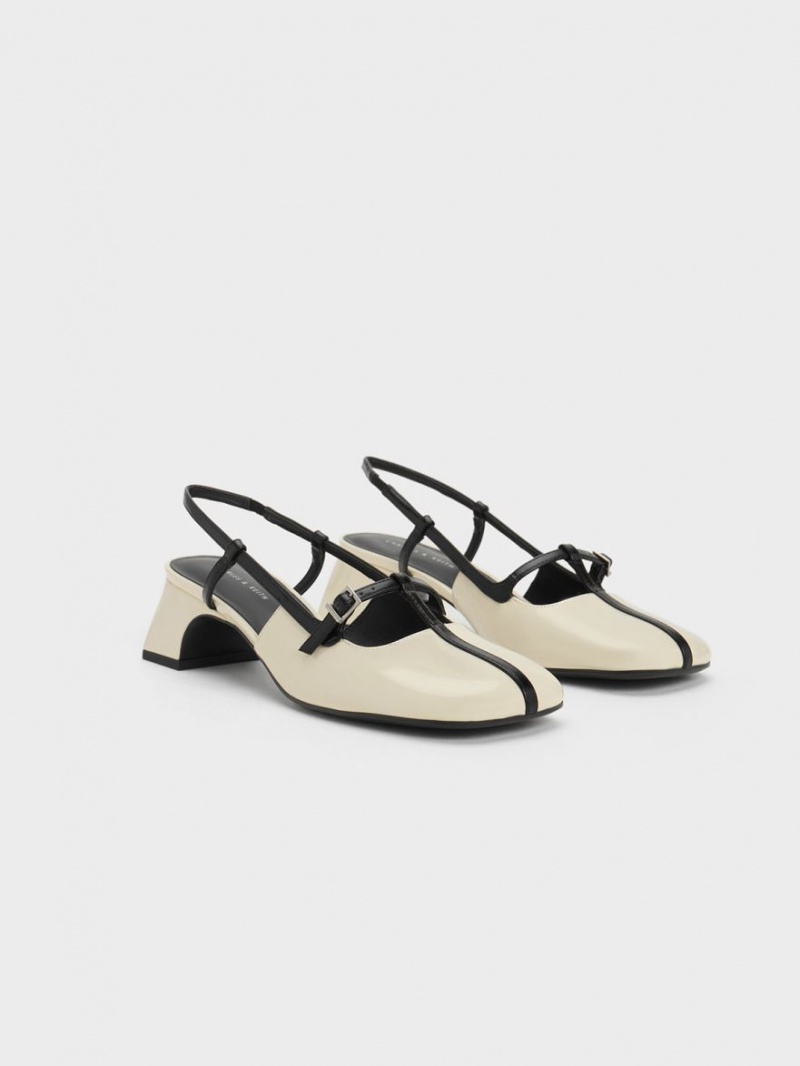 Γοβεσ Charles And Keith Two-Tone T-Bar Slingback κρέμα | 86540-PDVW