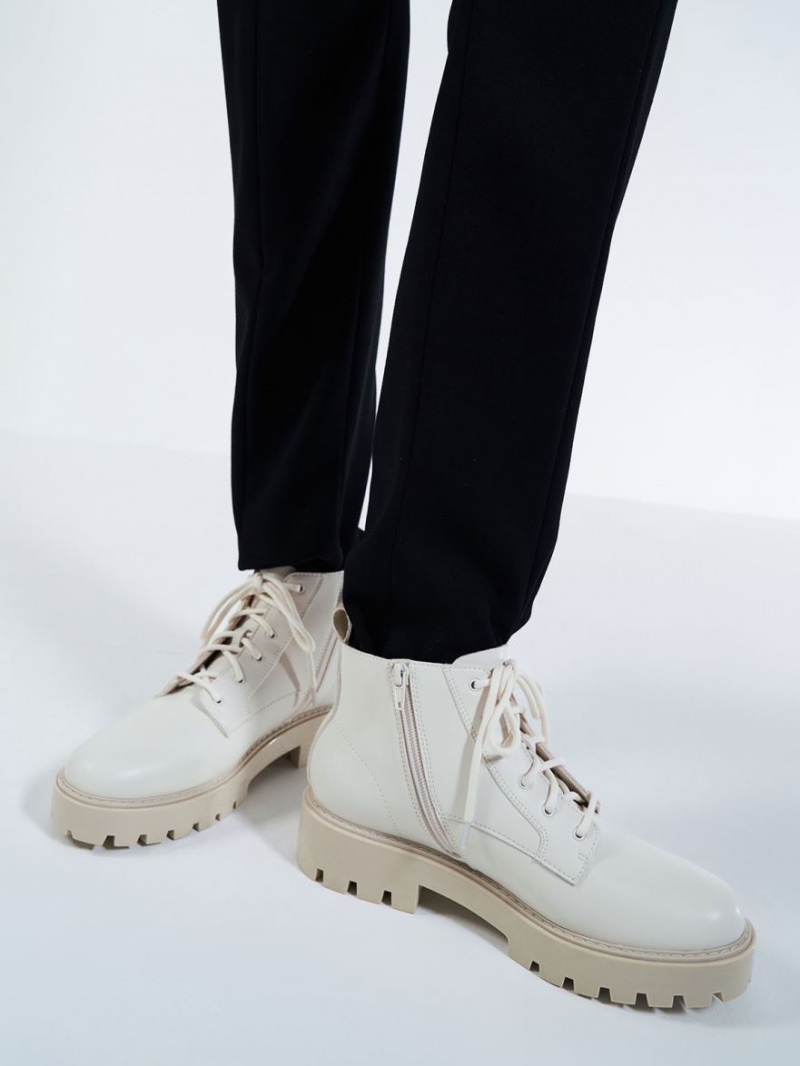 Μποτακια Charles And Keith δαντελα-Up Χοντρός ασπρα | 08397-MINX