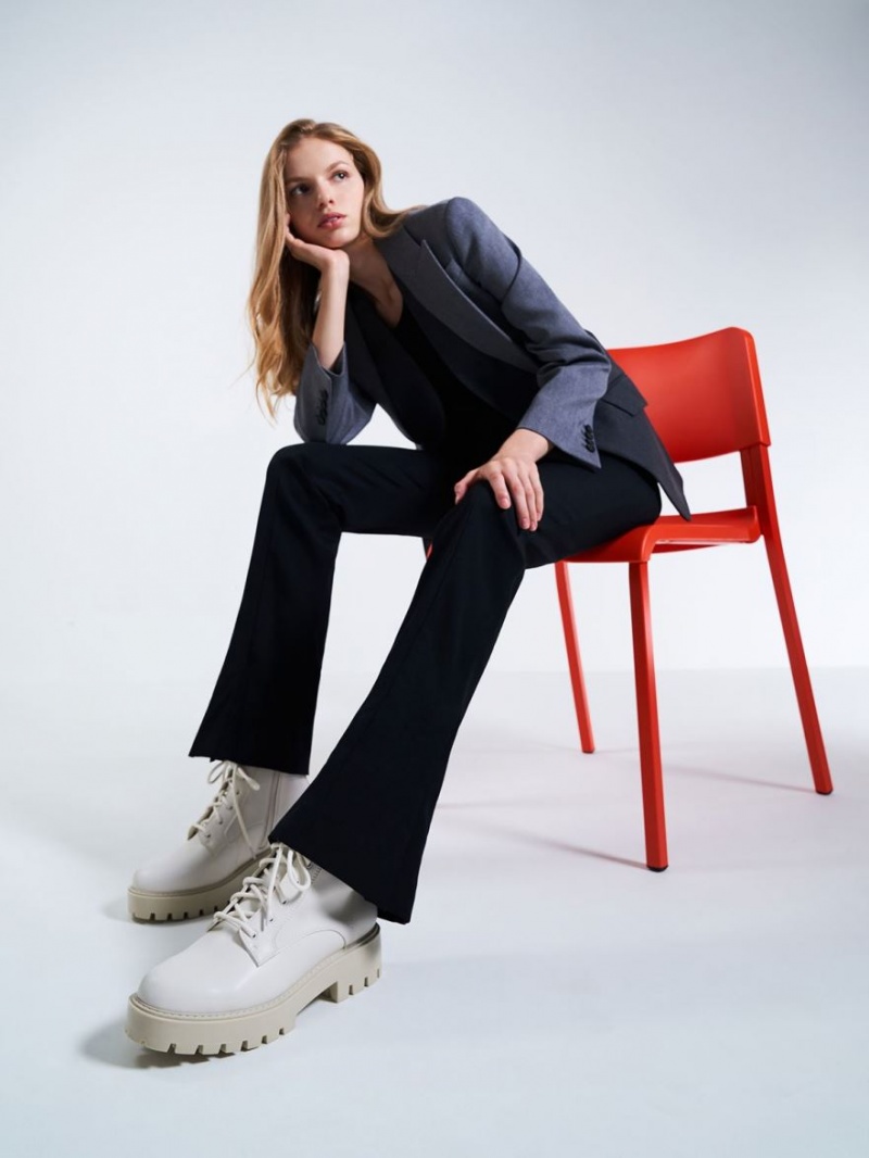 Μποτακια Charles And Keith δαντελα-Up Χοντρός ασπρα | 08397-MINX